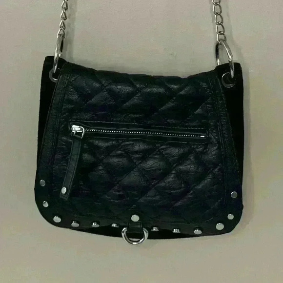 Nordstroms Topshop shoulder bag purse crossbody black suede leather strap silver